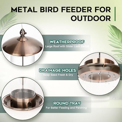 Gbekery Metal Bird Feeders for Outdoors Hanging, Weather Resistant Wild Bird Feeder with 360 Degree Feeding Tray, Copper