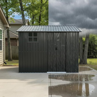 8x6 FT Outdoor Storage Shed,Galvanized Steel Heavy Duty Metal Tool Shed with Window & Vents,Sliding Door,Weatherproof Utility Shed for Backyard Patio Lawn,Black