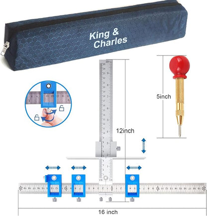 King&Charles Cabinet Hardware Jig, Metal Cabinet Handle Jig with Automatic Center Punch, Perfect Set - Avoid Jitter Caused by Direct Drilling, Use for Handles and Pulls on Drawers/Doors.