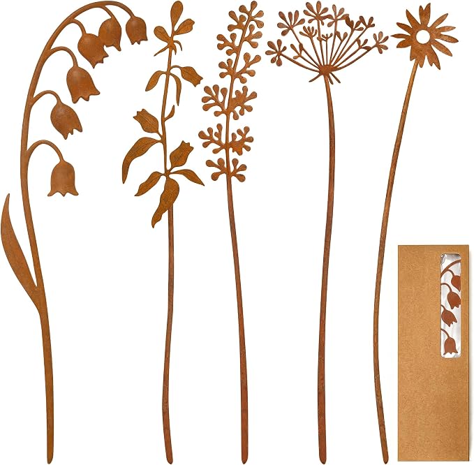 VIS'V Decorative Garden Stakes, Metal Flower Plant Yard Art Stakes, 5 Pcs | 15.7 In Length, Pre-rusted Finish, Rusty Art Decor for Outdoor Indoor