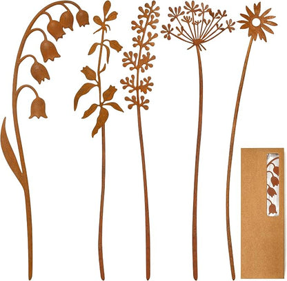 VIS'V Decorative Garden Stakes, Metal Flower Plant Yard Art Stakes, 5 Pcs | 15.7 In Length, Pre-rusted Finish, Rusty Art Decor for Outdoor Indoor