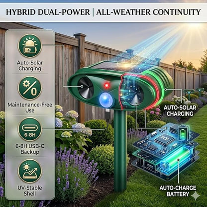 Ultrasonic Deer Repellent Device for Plants Garden Solar Animal Repellent Outdoor with Motion Activated for Rabbit Cat Deterrent Raccoon Squirrel Fortress Pro Keep Pest Out of Yard,2 Pack