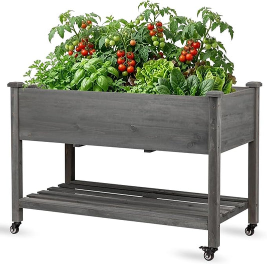 Raised Garden Bed with Lockable Wheels, 48x24x32 inch Elevated Wood Planter with Storage Shelf Protective Liner for Vegetable Flower Herb Outdoor Balcony Patio Backyard, Grey