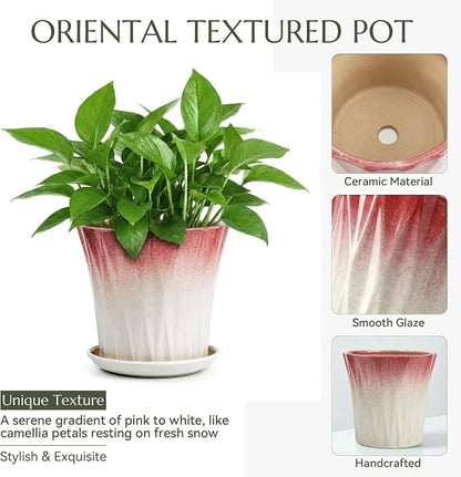 8.3 Inch Ceramic pots for Plants with Saucer Drainage Leak-Proof Mesh, Round Plant Pot with Gardening Gloves for Indoor Outdoor Plants (Rippled Pink)