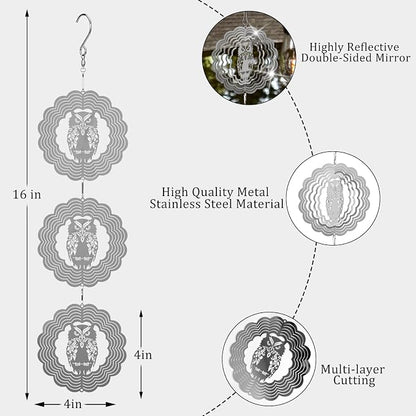 Owl Bird Deterrents for Outside,3D Stainless Steel Wind Spinners Outdoor Decor,Reflective Bird Scare Discs Set,Shiny Bird Reflectors to Keep Woodpecker Pigeon Away from House Patio Yard Porch