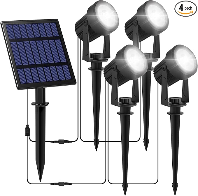 Solar Spot Lights Outdoor, 4-in-1 Solar Landscape Spotlight Waterproof 9.8ft Cable, 5W 3000mAh, Dusk to Dawn Auto ON/Off Adjustable Wall Lights for Yard, Ground, Garden, Pool, Lawn (Cold White)