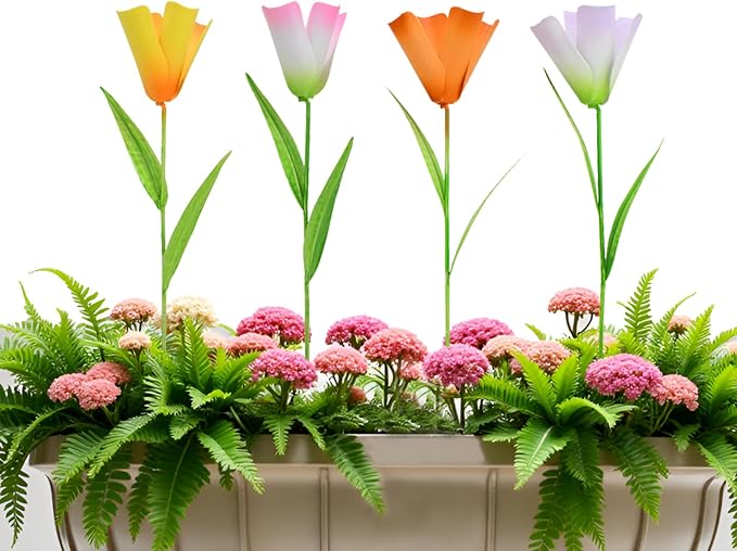 4pack Flower Garden Stake Decor, Rustic Metal Tulips Floral Stake Yard Art Ornament Outdoor Spring Decor, Garden Flowers Stick for Patio Lawn Yard Pot Decoration