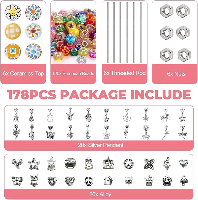 178 Pcs DIY Beaded Garden Stakes Kit with Cartoon Stoppers | Garden stakes kit with beads colorful crystal stoppers DIY fairy wands, garden decor, outdoor crafts