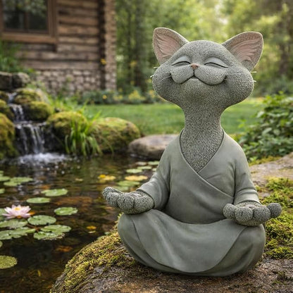 12" Whimsical Happy Cat Buddha Statue – Indoor Outdoor Zen Cat Decor