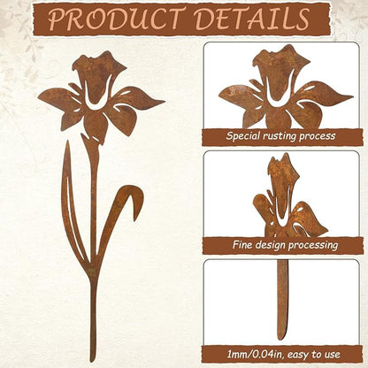 5 Pcs Rusty Metal Flowers and Plants, Rusty Rustic Metal Flowers Signs for Outside Yard Art Gift for Yard Decorative Garden Stakes Potted Plants Walkway and Garden