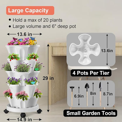 GameXcel Vertical Planter, 5 Tier Stackable Strawberry Planter with Garden Tool Set, Movable Indoor/Outdoor Garden Herb Pot for Growing Vegetables and Succulents, White