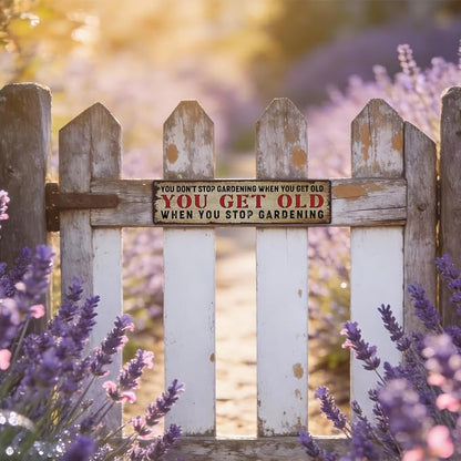 Garden Metal Tin Sign, Rustic Farmhouse Wall Art, You Don’t Stop Gardening When You Get Old Sign, Gardening Quote Decor, for Garden Yard Fence Porch, Vintage Outdoor Decoration, 15.7 x 3.9 Inches