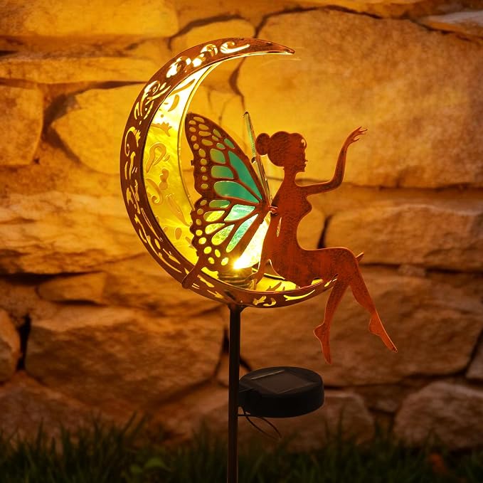 Solar Fairy Garden Light Outdoor Yard Decor Gifts for Women Mom Grandma | Solar Auto On/Off, IP65 Waterproof Rustproof, Easy Stake Install, Durable Metal Build, Cracked Glass Moonlight Glow
