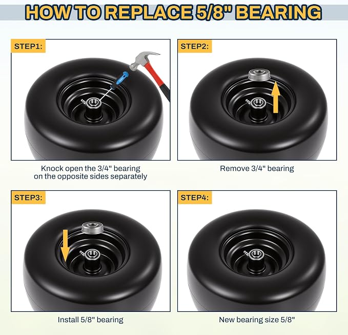 2 PCS 13×6.50-6 Flat Free Lawn Mower Tires and Wheel, Solid Smooth Tread Tire, 13x6.50-6 Zero Turn Mower Front Tires for Commercial Garden Lawn, with 3/4" & 5/8" Bearings, 4"- 8.2" Centered Hub