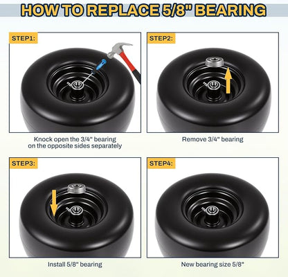 2 PCS 13×6.50-6 Flat Free Lawn Mower Tires and Wheel, Solid Smooth Tread Tire, 13x6.50-6 Zero Turn Mower Front Tires for Commercial Garden Lawn, with 3/4" & 5/8" Bearings, 4"- 8.2" Centered Hub