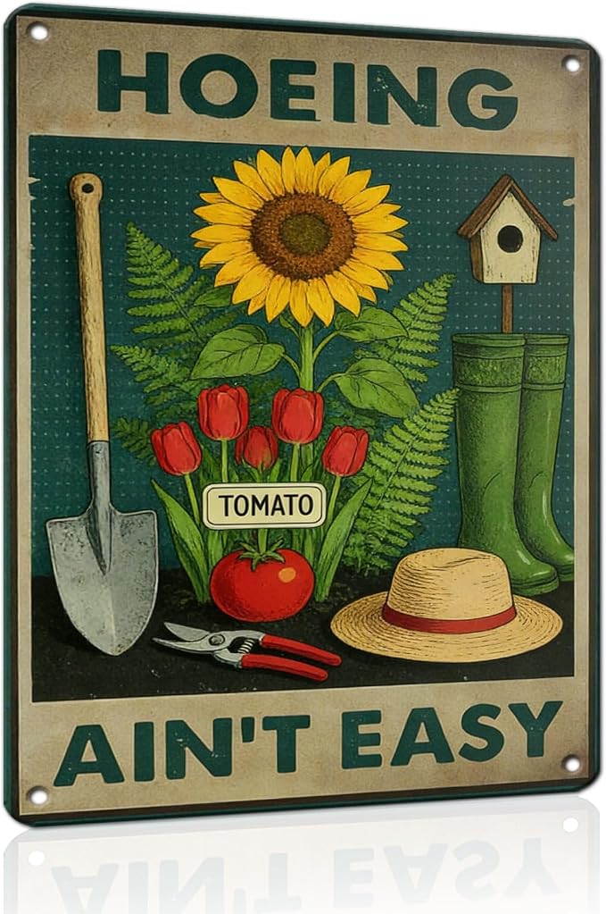PEACHGARDEN Hoeing Ain't Easy Sign Funny Garden Metal Sign Yard Art Garden Wall Decor Patio Decor for Outdoor Porch Greenhouse Backyard Cabin 12x16 inch
