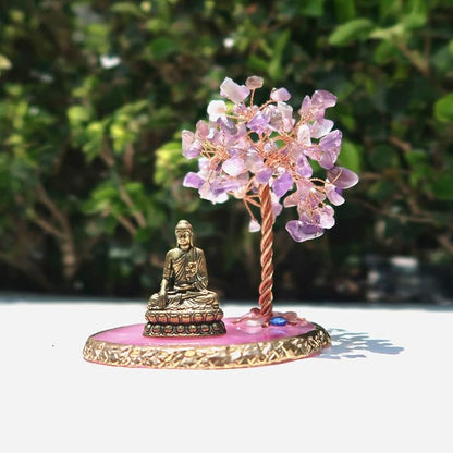 Buddha Statue with Healing Crystal Tree, Tree of Life for Positive Energy. Home Decor Yoga Meditation. Amethyst.(A)
