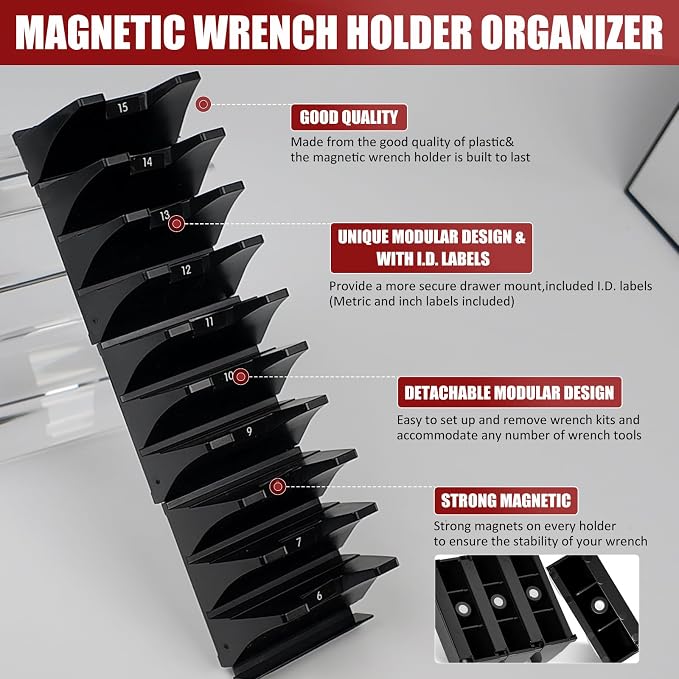 12 pcs Magnetic Modular Wrench Organizer Wrench Holder - Wrenchs Tool Organizers for Tool Drawer Storage, Wrenchs Rack with Metric SAE Labels, Tool Storage Set Holder Festival for Mechanics