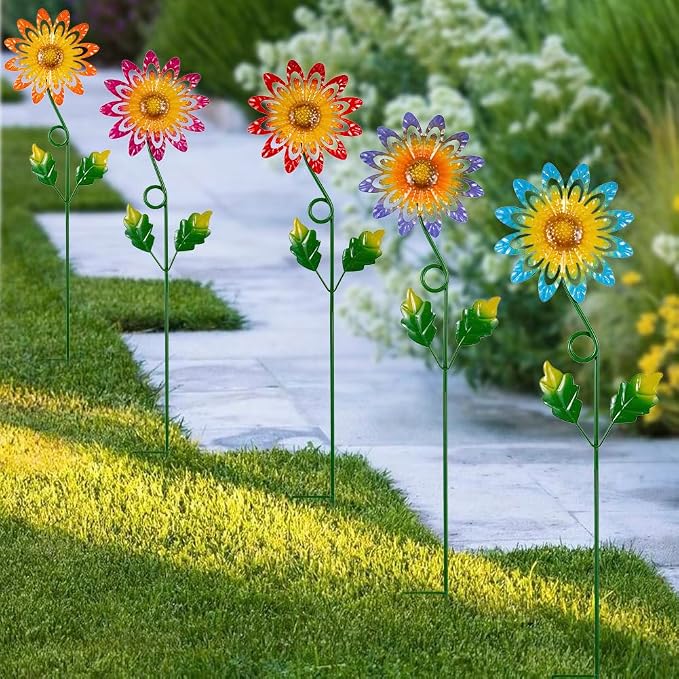 5 Pack Metal Flowers Decorative Garden Stakes, Metal Flowers for Outside Spring Yard Decor, Decorative Yard Art for Lawn, Patio, Fence,Garden Decor