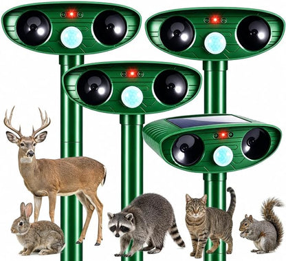 4 Pack Solar Ultrasonic Animal Repellent Outdoor Deer Repellent Devices Squirrel Cat Deterrent with Motion Sensor Waterproof Rabbit Repellent Raccoon Fortress Pro for Plants Garden Yard