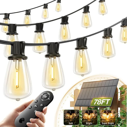addlon 72FT Solar String Lights Waterproof with Remote & USB, Patio Lights Solar Powered with LED Shatterproof Bulbs Dimmable for Backyard