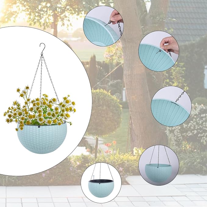 Vencer 11 Inch Round Resin Rattan Hanging Planters,Light Blue,VF-A15-B | Self Watering,Drain Hole,Metal Chain,Water Indicator,Indoor Outdoor