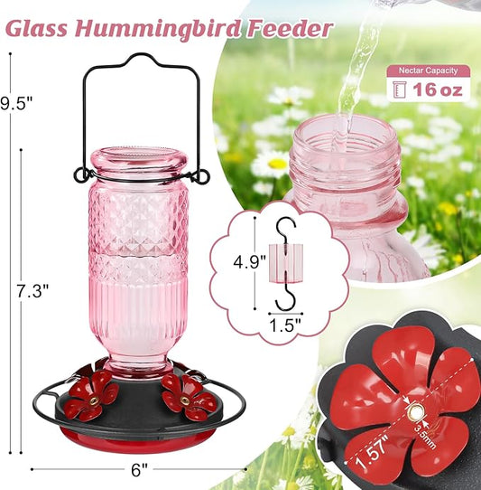 FEED GARDEN Glass Hummingbird Feeder for Outdoors Hanging, 16 OZ Humming Bird Feeders with 4 Bee Guard Feeding Ports & Built-in Ant Moat, Hummingbird Gifts for Mom Bird Feeder for Outside, Pink,2 Pack
