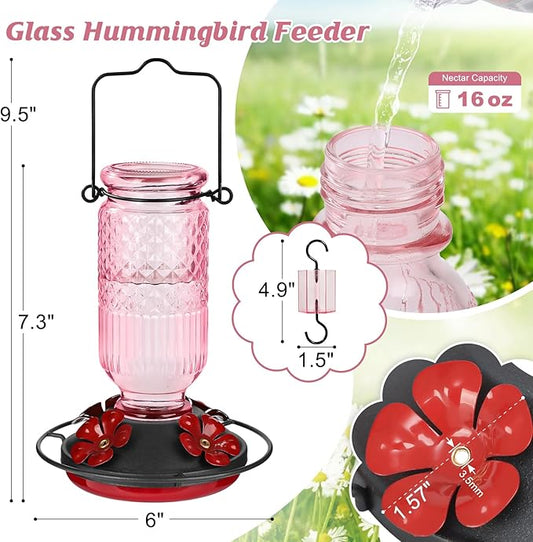 FEED GARDEN Glass Hummingbird Feeder for Outdoors Hanging, 16 oz Leak-Proof Nectar Feeder with Bee Guards & Ant Moat, 4 Metal Flower Feeding Ports, 360° Perch Ring, Easy Refill & Clean, Pink