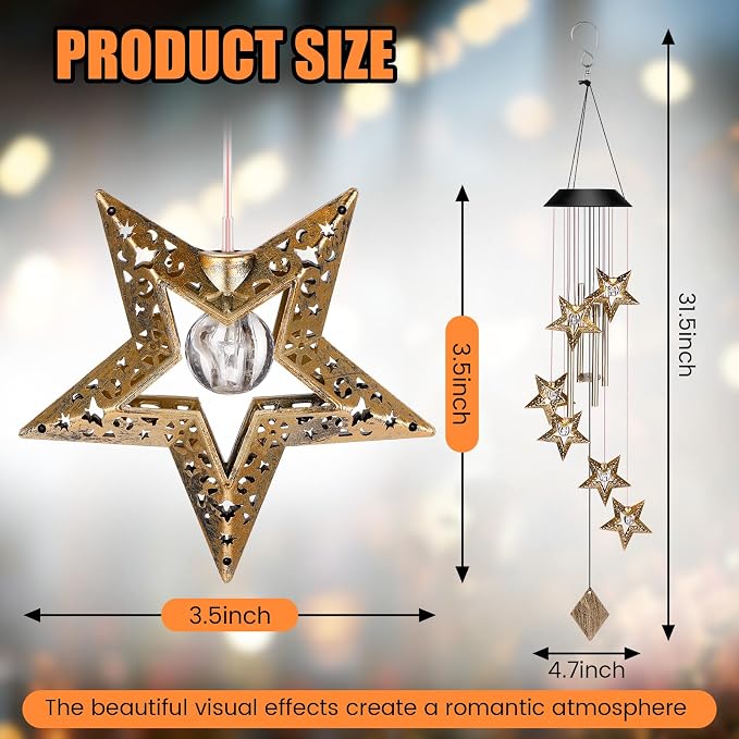 Colingmill Solar Wind Chimes for Outside Waterproof Hanging Wind Chimes Lights Outdoor Decor Yard Garden Gifts for Mother Mom Grandma Wife Neighbors(Star,Warm Colored Lights)