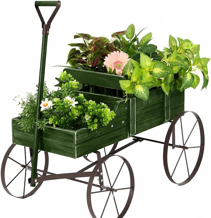 DORTALA Wood Wagon Planter, Outdoor Garden Flower Planter Cart with Wheels, Small Decorative Wood Raised Bed Plant Pot Box Stand for Backyard, Patio, Balcony, Green