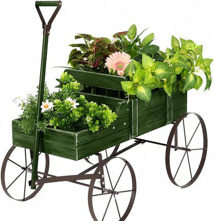DORTALA Wood Wagon Planter, Outdoor Garden Flower Planter Cart with Wheels, Small Decorative Wood Raised Bed Plant Pot Box Stand for Backyard, Patio, Balcony, Green