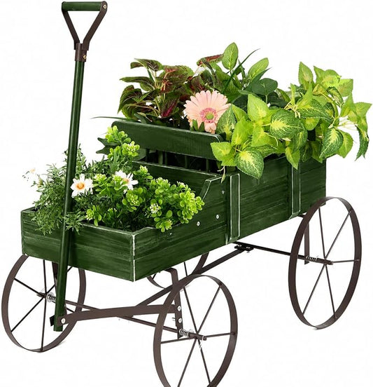 DORTALA Wood Wagon Planter, Outdoor Garden Flower Planter Cart with Wheels, Small Decorative Wood Raised Bed Plant Pot Box Stand for Backyard, Patio, Balcony, Green