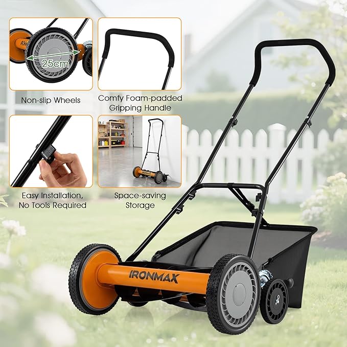 IRONMAX 18 Inch 5-Blade Push Reel Lawn Mower, 9-Level Adjustable Cutting Heights, Removable Grass Catcher, Lightweight No Motor Walk-Behind Manual Grass Cutter for Garden Yard Park (Orange, 18 Inch)