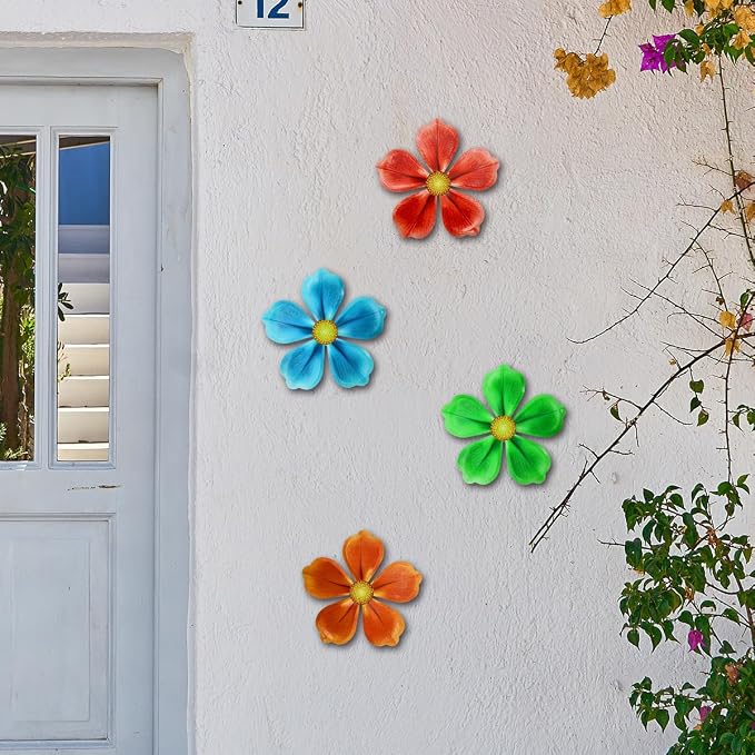 Giyyomtr Metal Flowers Wall Decor - 4pcs Metal Wall Art Hanging Decorations for Outdoor Fence Garden Yard Patio Exterior Wall Decor