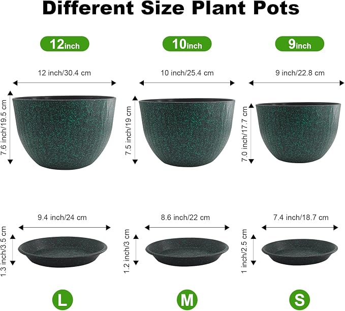 12/10/9 inch Plant Pots, 3 Pack Flower Pots for Outdoor Indoor Garden Plants, Large Planters with Multi Mesh Drainage Holes and Saucer (Black with Green Speckles, 12"+10"+9")