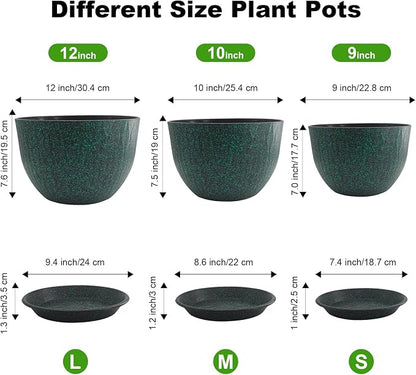 12/10/9 inch Plant Pots, 3 Pack Flower Pots for Outdoor Indoor Garden Plants, Large Planters with Multi Mesh Drainage Holes and Saucer (Black with Green Speckles, 12"+10"+9")