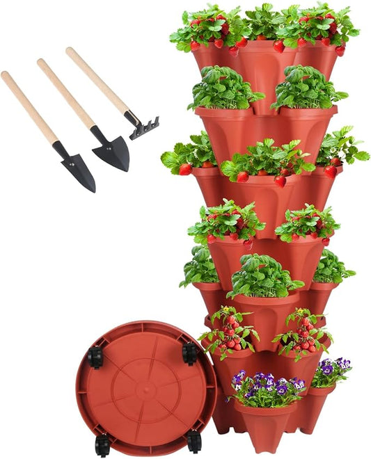 GameXcel Vertical Planter Tower - 7 Tier Stackable Garden Planters with Wheels and Tools Plant Pots for Strawberry Herb Flower and Vegetable Indoor Outdoor Use Red