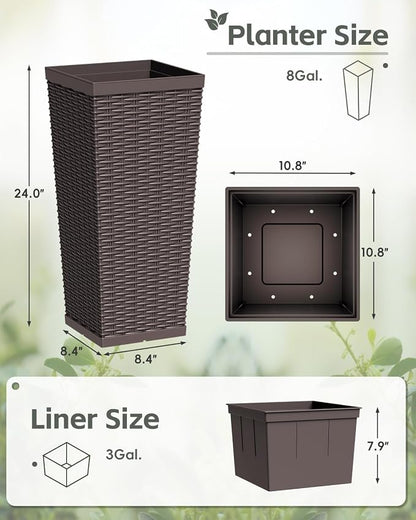 Greesum 24 Inch Tall Plastic Planters with Rattan Texture – Set of 2, Detachable Inner Pot & Drainage Holes, Indoor/Outdoor Decorative Flower Pots for Large Plants, Trees, Patio, and Garden, Brown