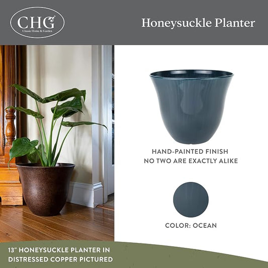 GROWSCAPE Honeysuckle Resin Planter, Durable Garden Pot, 15" Ocean Blue | Hand-Painted Finish Plant Pots, Lightweight Indoor Outdoor Planter, UV-Resistant, Great for Patio, Home & Garden Decor Accent