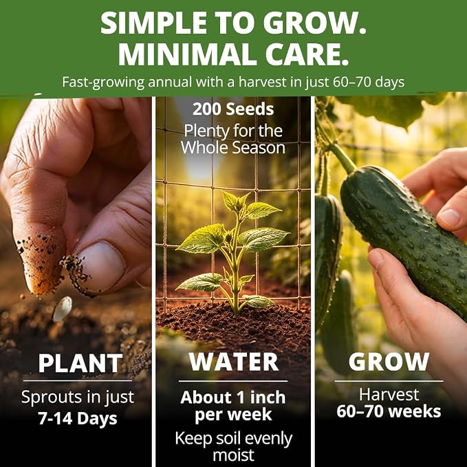 HOME GROWN Organic Marketmore Cucumber Seeds 200+ Heirloom Non-GMO Seeds for Planting, High Germination, Hardy & Vigorous Slicing Cucumber, Trellis & Raised Bed Garden (Cucumis sativus)
