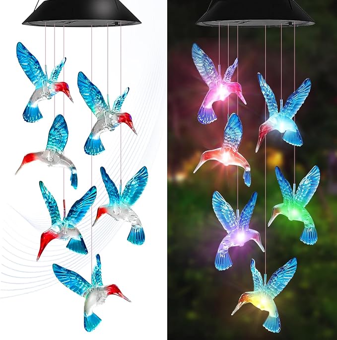Hummingbird Solar Wind Chimes for Outside - AIONASA Color Changing LED Outdoor Solar Lights Waterproof Windchimes, Hanging Gifts for Mom Grandma Women, Home Garden Patio Yard Porch Decoration