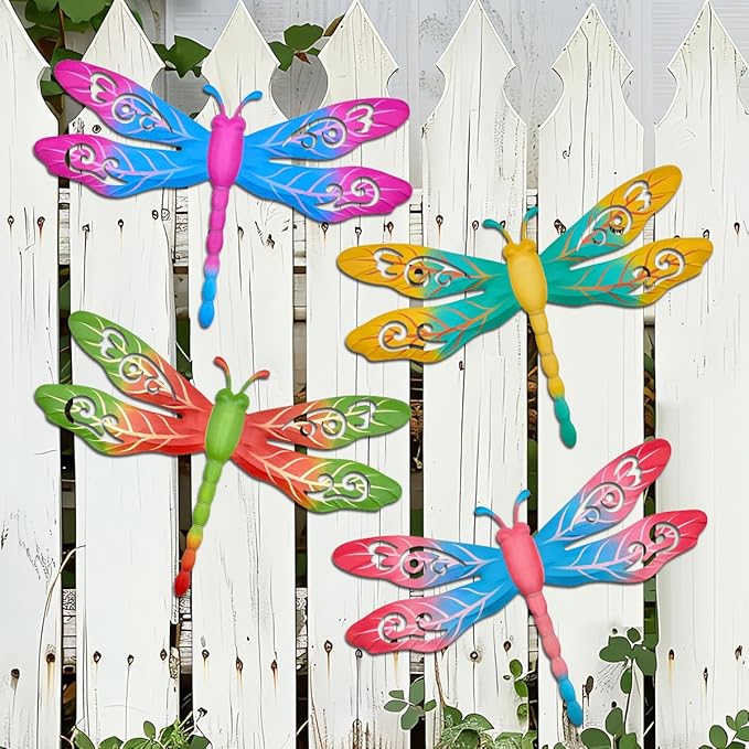 Outdoor Metal Dragonfly Wall Decor, 4 Pack 14inch Metal Dragonfly Wall Hanging Sculpture Decor for Yard Patio Fence Garden Outside Exterior Decorations