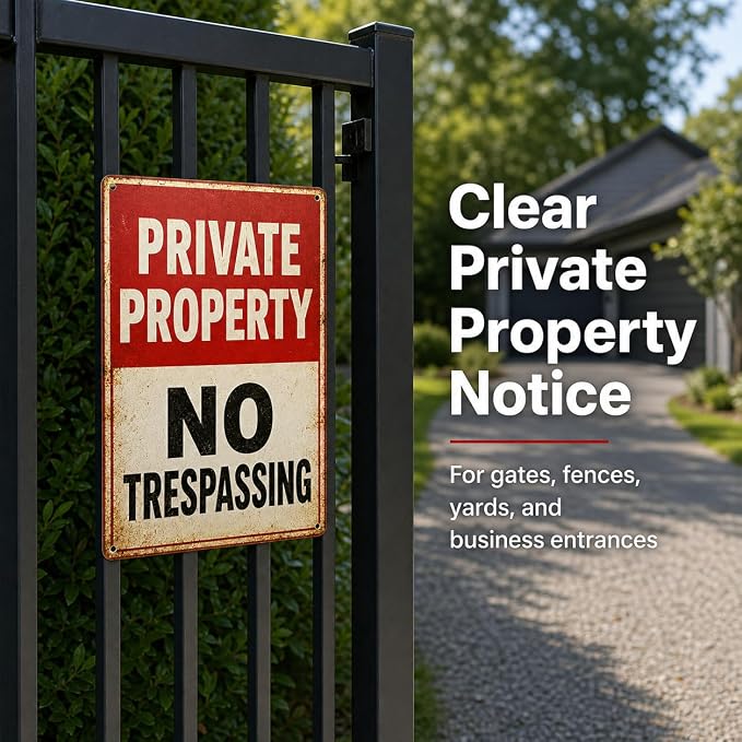 Private Property Tin Sign, 12 x 8 Inch No Trespassing Aluminum Metal Wall Decor, Vintage Notice Sign for Gate, Fence, Porch, Driveway, Entryway