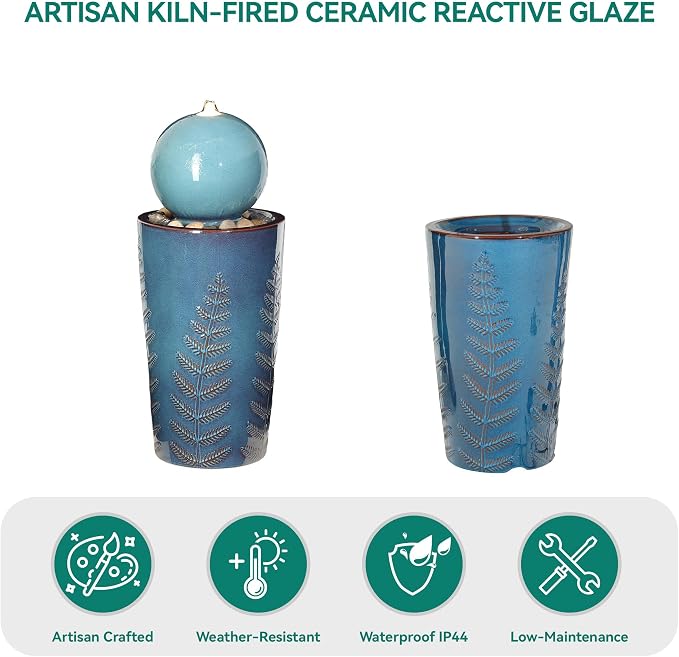 Autodaya 30" Ceramic Sphere Water Fountain with LED Lights, Teal Blue Glaze | Modern Nature-Inspired Design with Leaf Patterns & Pebbles, Soothing Trickling Water Feature for Patio, Yard, Garden, Porch