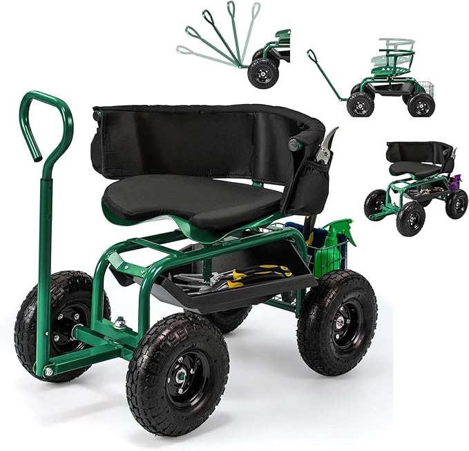 ERGOMASTER Rolling Garden Seat with Wheels, Adjustable 360° Swivel Workseat and Storage Basket, Extendable Handle, Outdoor Gardening Wagon Scooter, Green