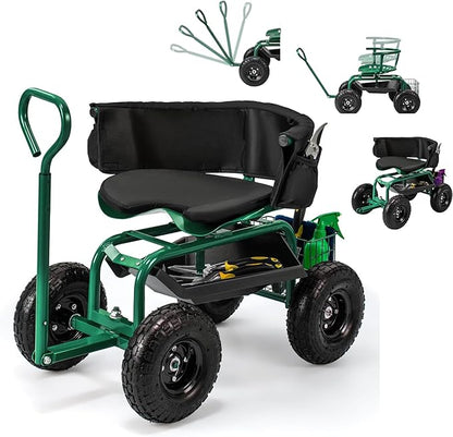 ERGOMASTER Rolling Garden Seat with Wheels, Adjustable 360° Swivel Workseat and Storage Basket, Extendable Handle, Outdoor Gardening Wagon Scooter, Green