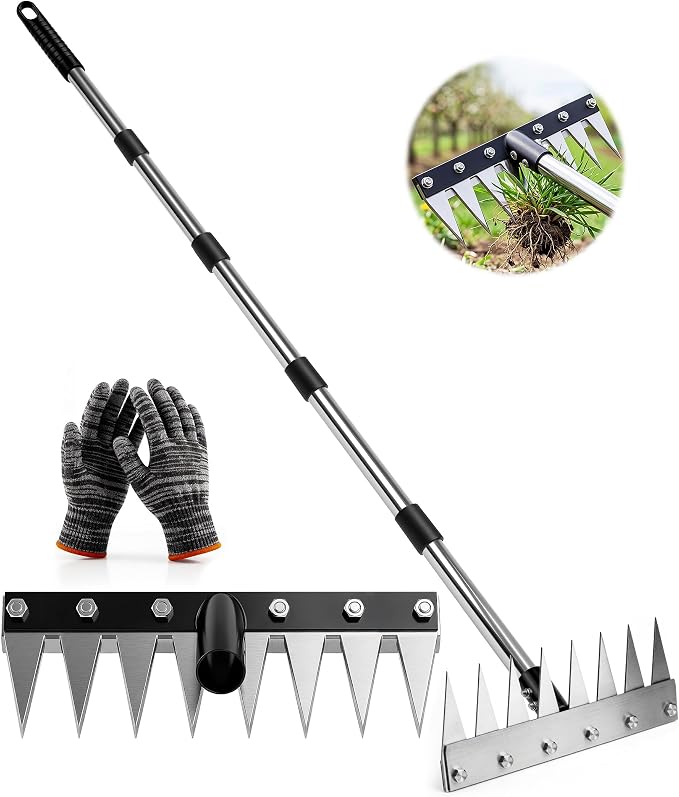 Iron Weed Rake with 71" Adjustable Long Handle, 8 Teeth Manual Weed Remover Tool Heavy Duty Garden Weed Puller with Gloves for Yard, Lawn, Garden | Heavy Duty, 71" Adjustable Long Handle