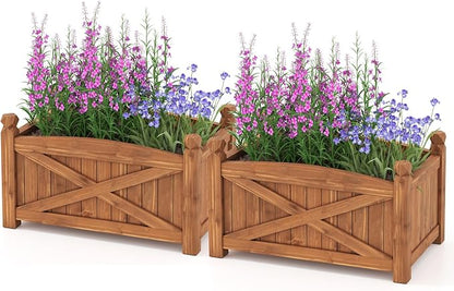 Giantex 2 Pcs Raised Garden Bed, Wooden Planter Box Outdoor, 25”x 16”x 15" Rectangular Garden Bed for Vegetables Flower Herb Fruit