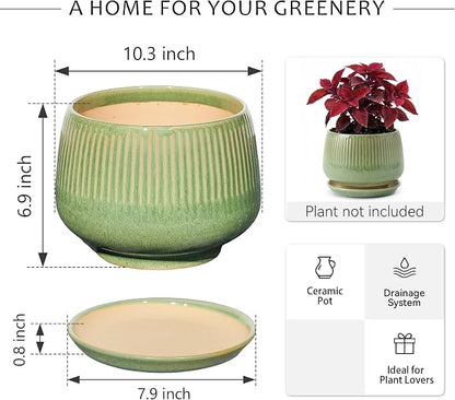 10.3 Inch Ceramic Planter with Saucer,Modern Garden Pots with Drainage Hole Mesh Net, for Indoor Outdoor Use (Crackle Green)