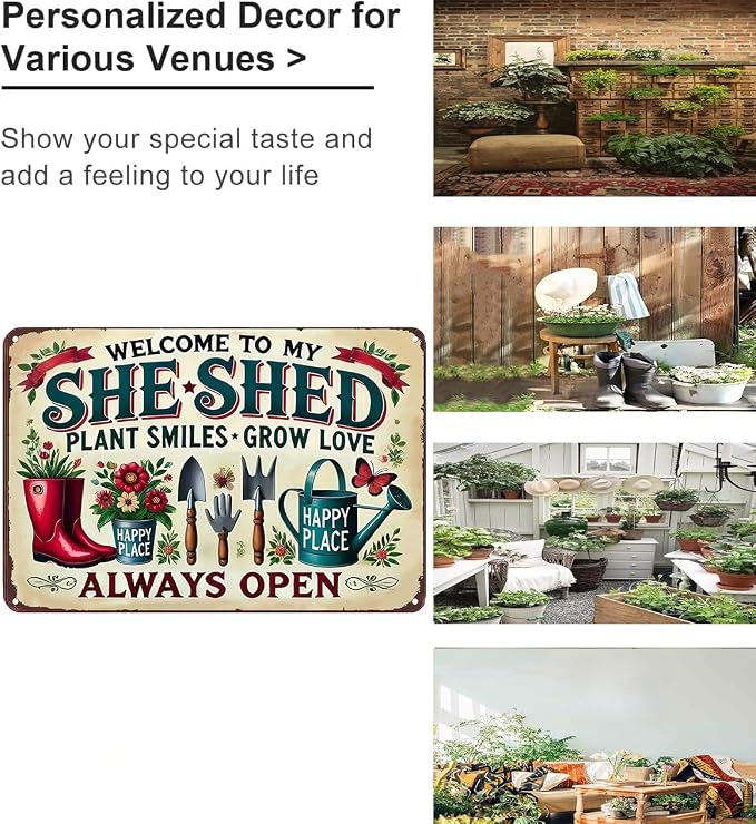 Bestylez Garden Gifts Welcome To My She Shed Vintage Gardening Signs for Home Garden Greenhouse Living Room Bedroom Yard Outdoor Decor 8X12 Inch (3372)